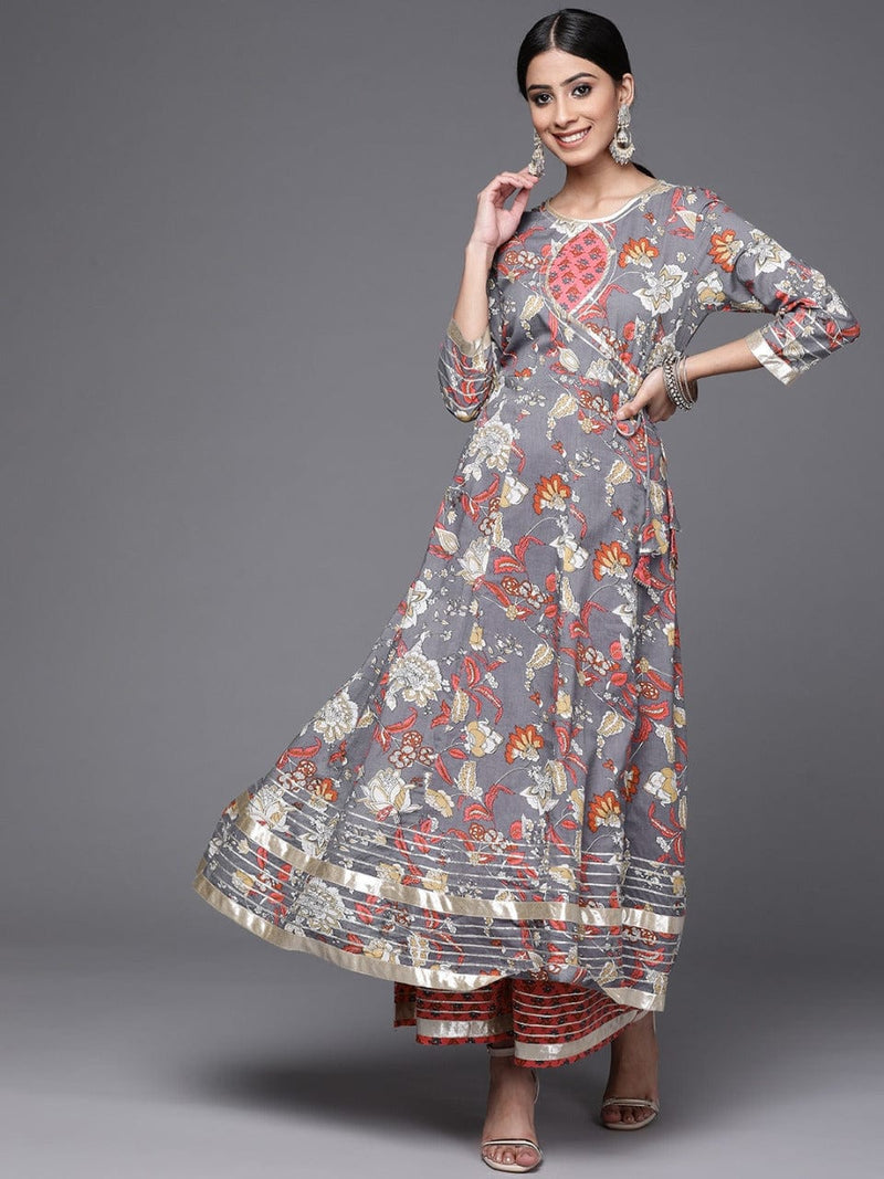 Grey & Pink Floral Print Angrakha Gotta Patti Pure Cotton Kurta with Sharara