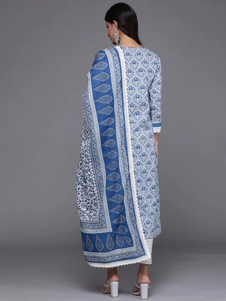 women blue  grey ethnic printed  cotton kurta set dupatta