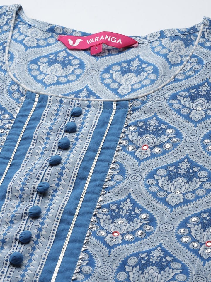 buy blue  grey ethnic printed  cotton kurta set dupatta