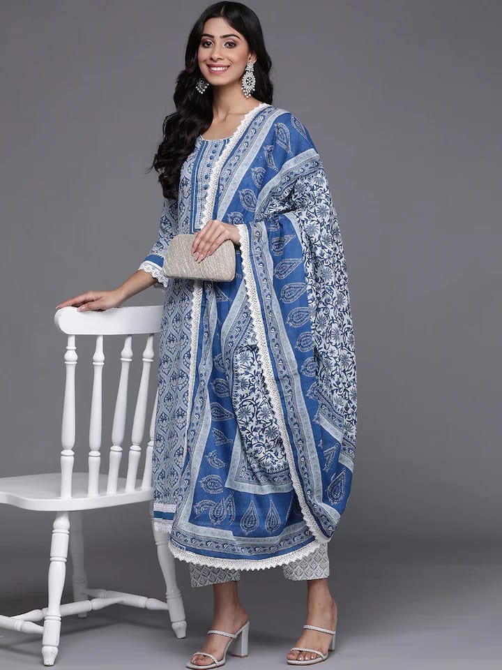shop blue  grey ethnic printed  cotton kurta set dupatta