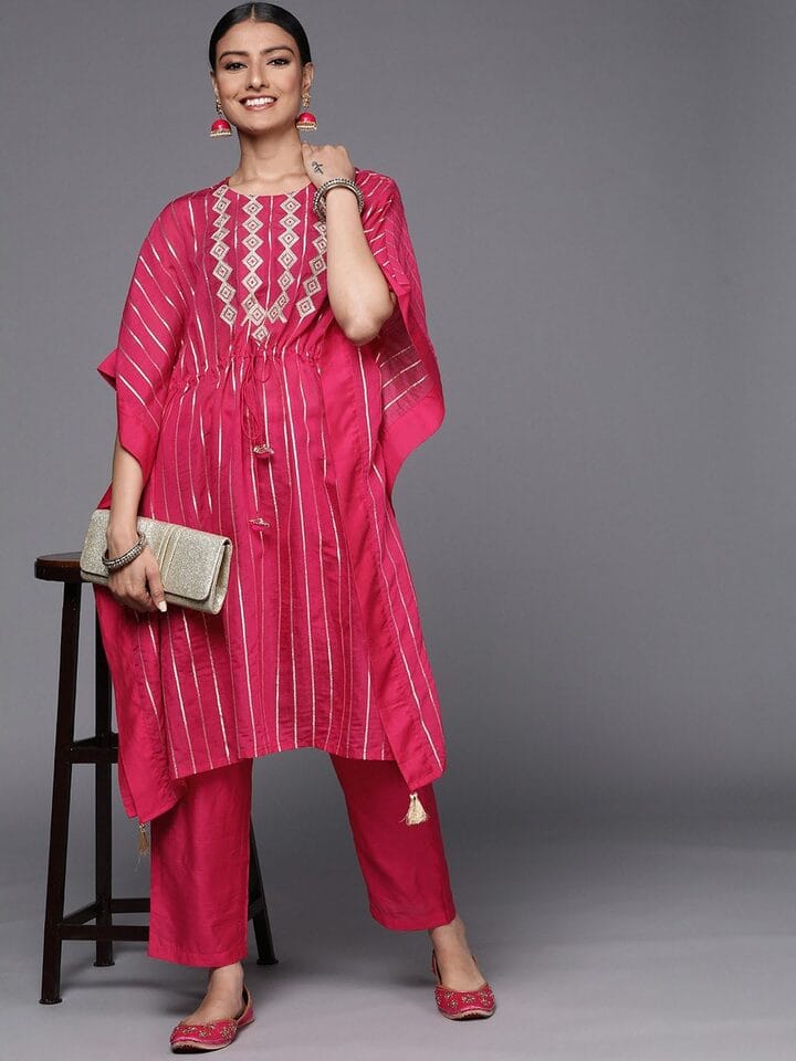 varanga pink embroidered layered-chanderi silk kurta palazzos