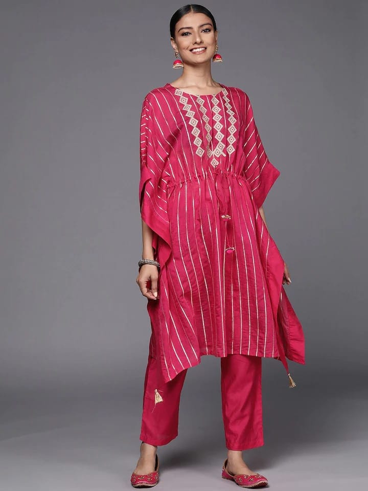 shop pink embroidered layered-chanderi silk kurta palazzos