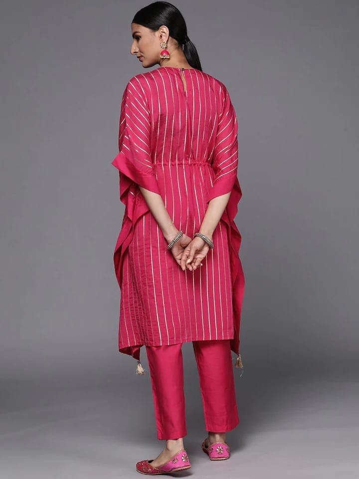 women pink embroidered layered-chanderi silk kurta palazzos