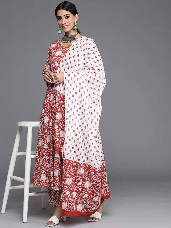 shop red ethnic motifs printed cotton kurta set dupatta