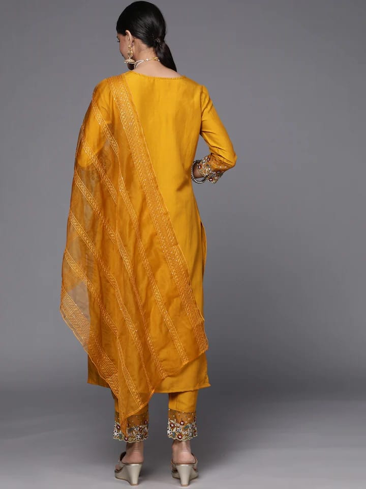 Mustard Yellow Floral Embroidered Beads and Stones Kurta with Trousers & Dupatta