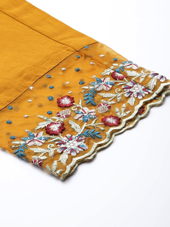 Mustard Yellow Floral Embroidered Beads and Stones Kurta with Trousers & Dupatta