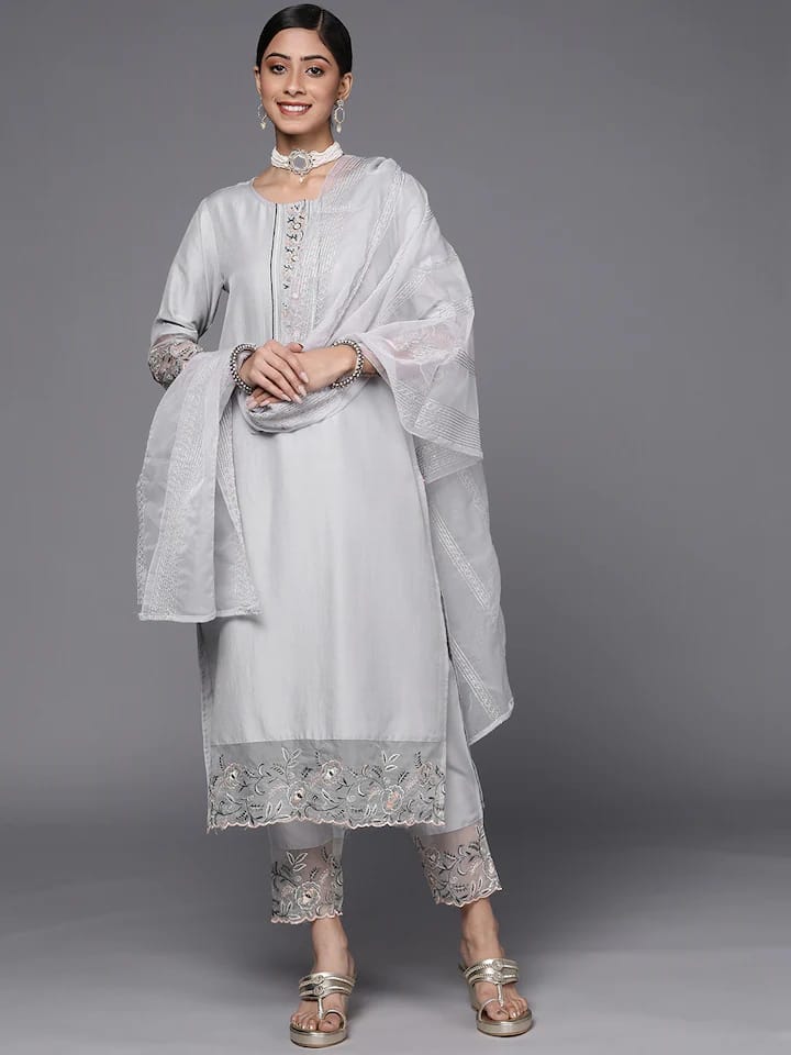 Grey Floral Embroidered Thread Work Kurta with Trousers & Dupatta