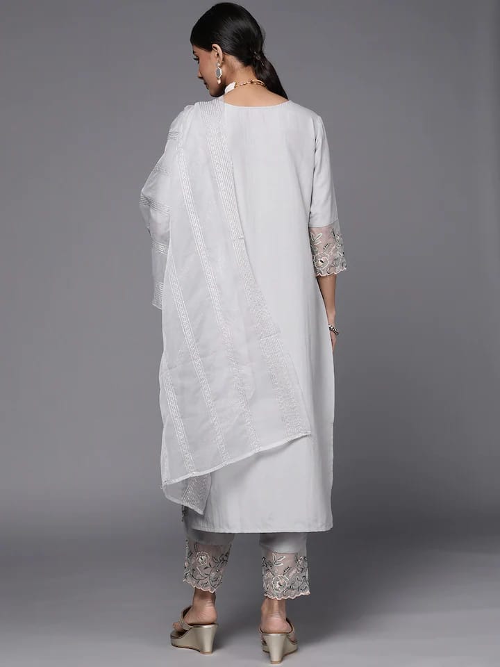 Grey Floral Embroidered Thread Work Kurta with Trousers & Dupatta