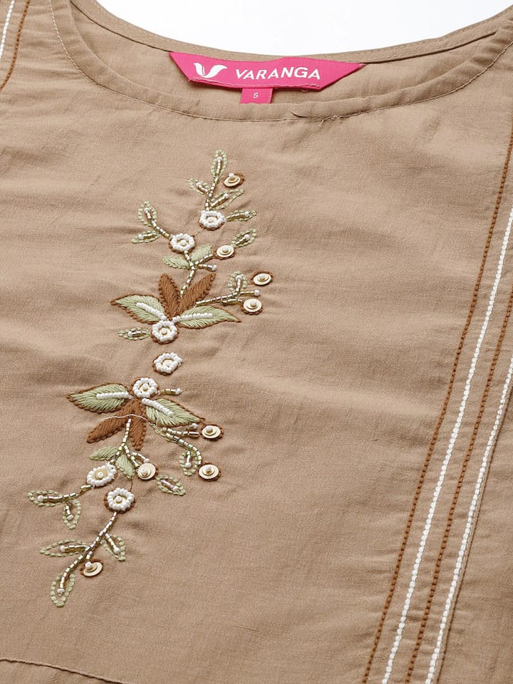 Taupe Floral Embroidered Thread Work Kurta with Trousers & Dupatta
