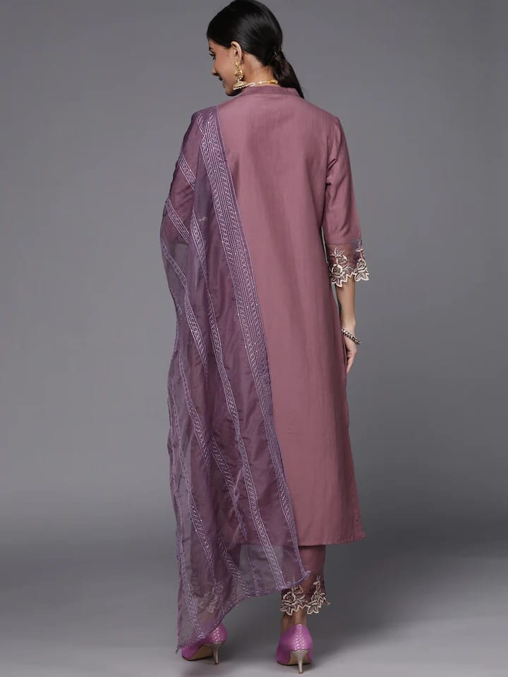 Mauve Floral Embroidered Sequinned Kurta with Trousers & Dupatta