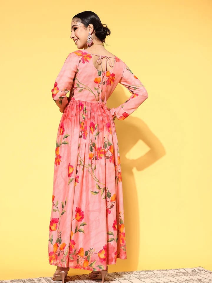 varanga pretty pink georgette swirling volume kurta