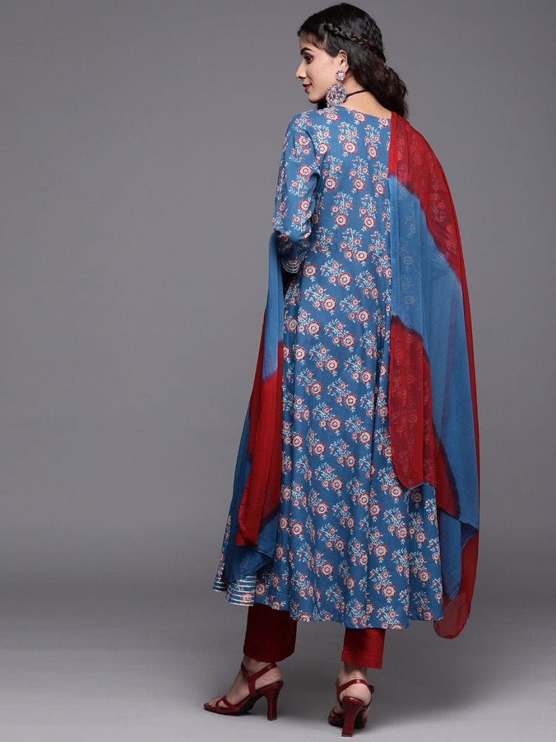 women women blue ethnic motifs printed angrakha gotta patti kurta set dupatta