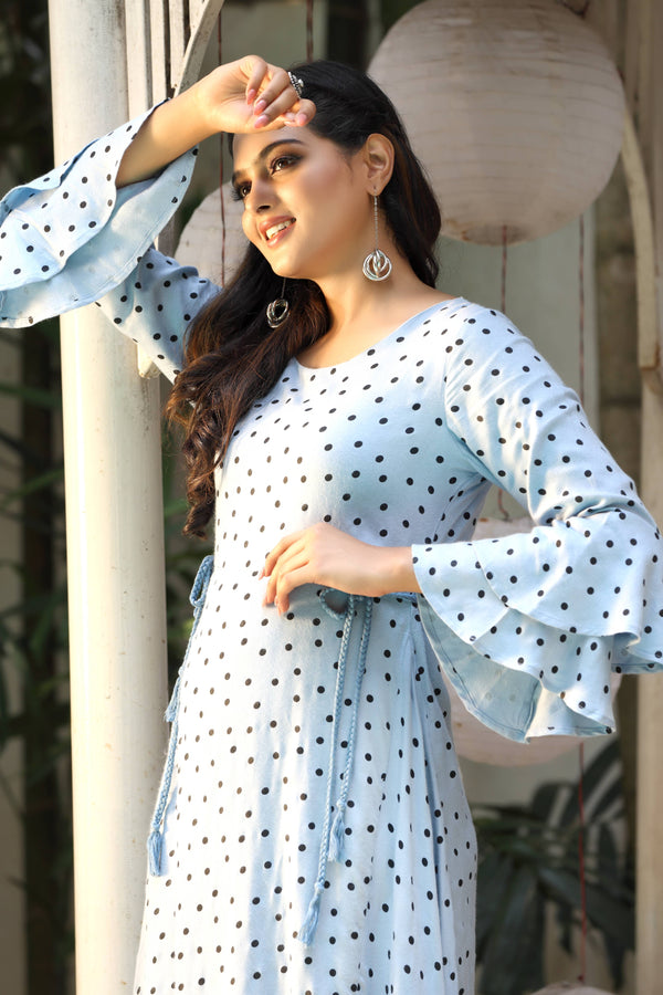 Grey Black Dotted Apple Cut Long Kurti With Frilled Bottom