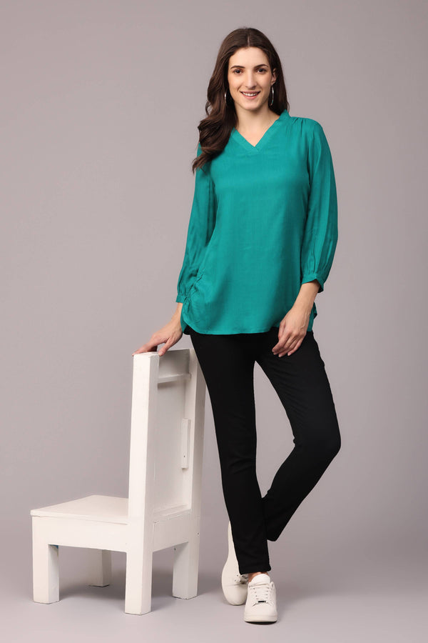 Rama Green Short Top With Long Frilled Sleeve