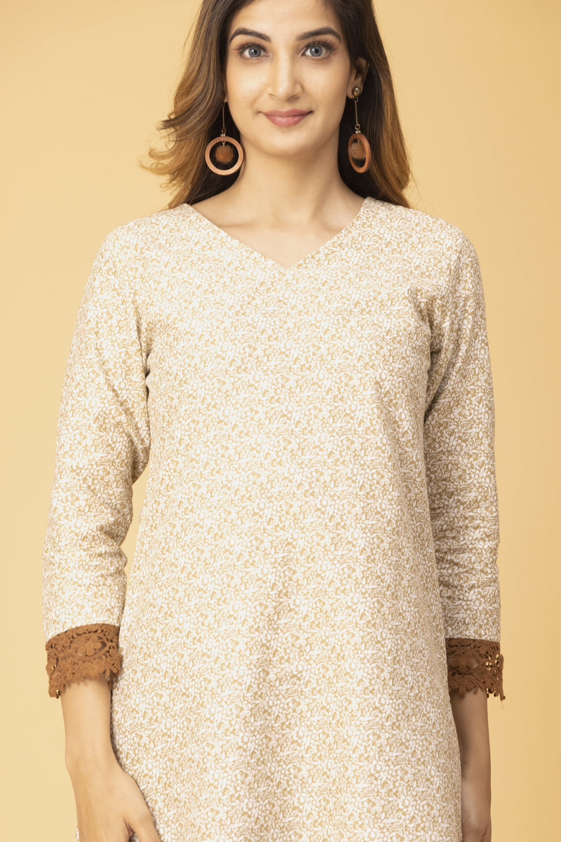 Biege Printed With Fish Cut Brown Lace Bottom & Sleeves