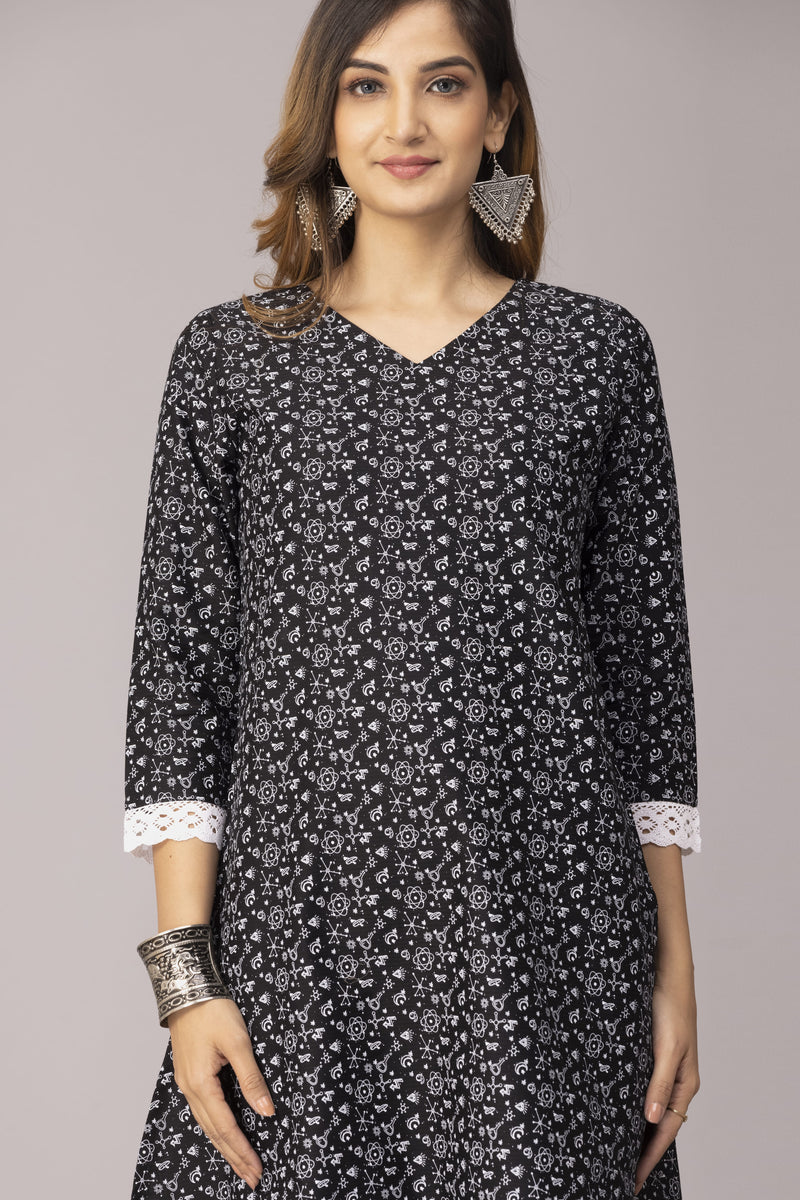 Black Printed With Fish Cut White Lace Bottom & Sleeves