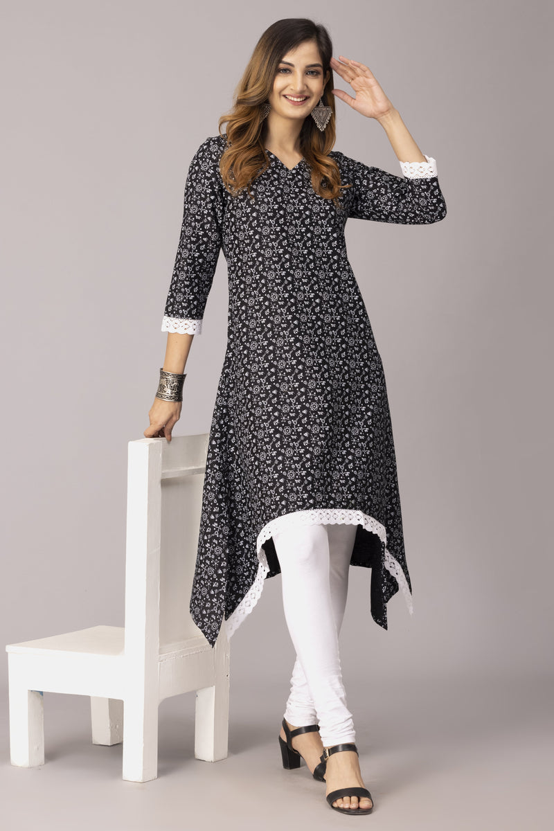 Black Printed With Fish Cut White Lace Bottom & Sleeves