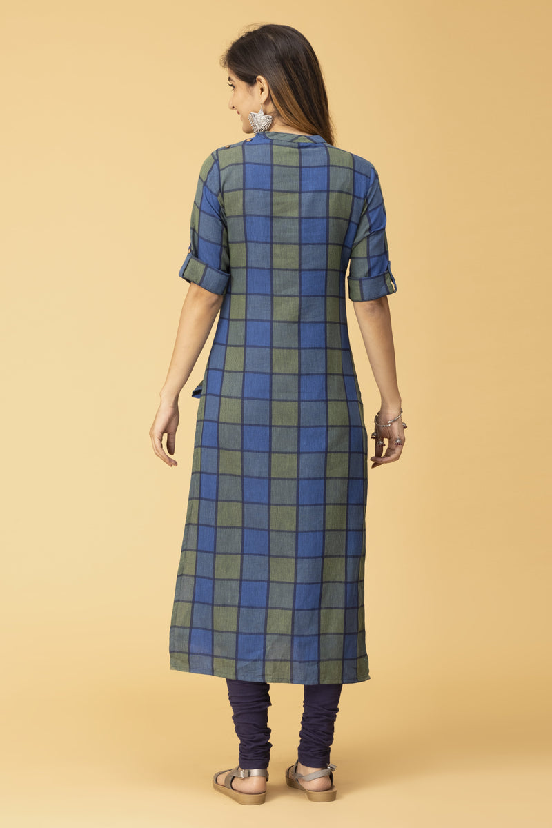 Blue Checked Ankle Length Straight Kurta With High Neck Band