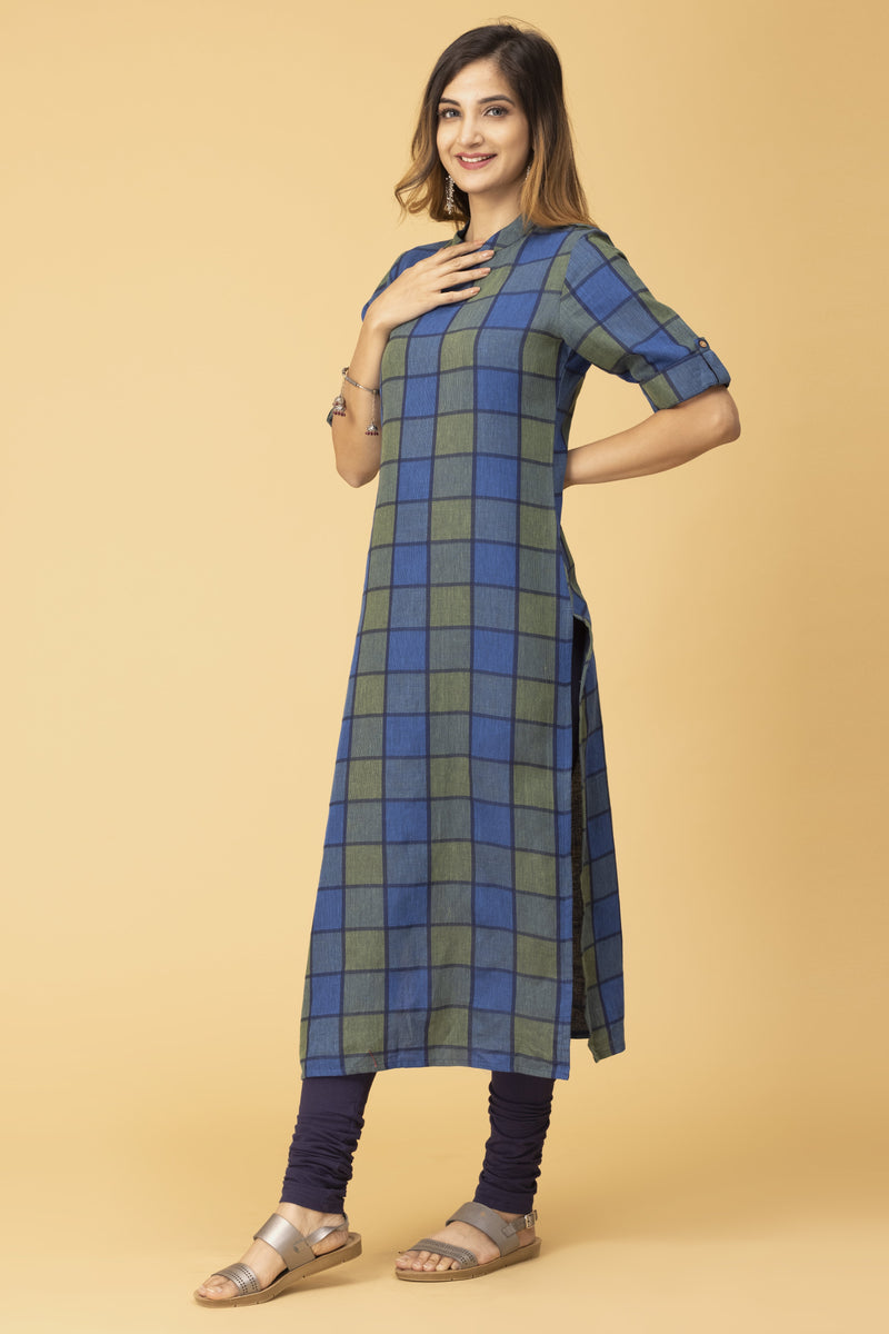 Blue Checked Ankle Length Straight Kurta With High Neck Band