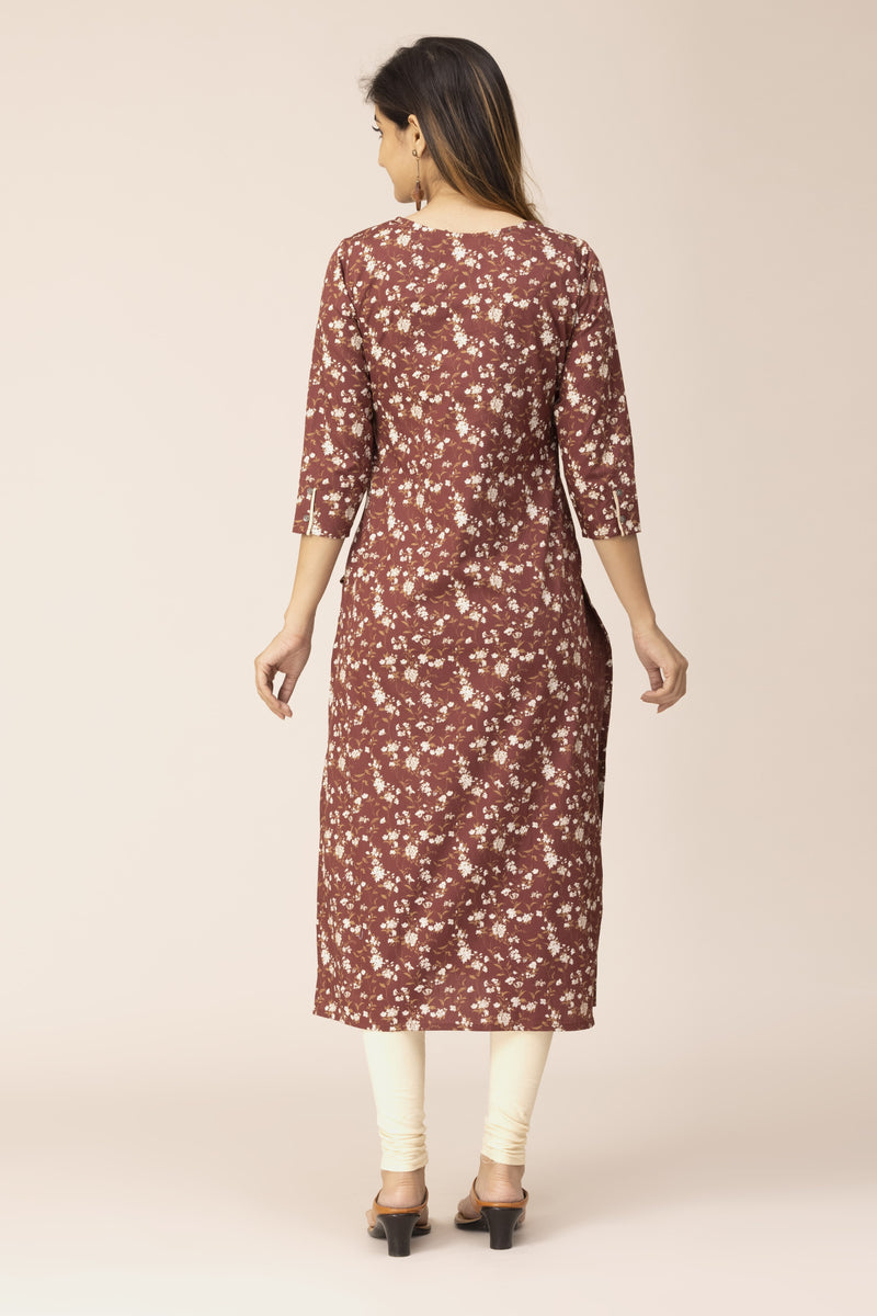 Brown Floral Print Ankle Length Straight Kurta With Cream Contrast