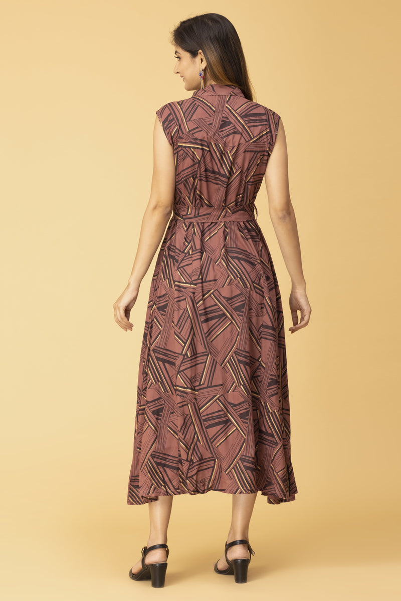 Brown Gold Printed Collared Kurta Ankle Length
