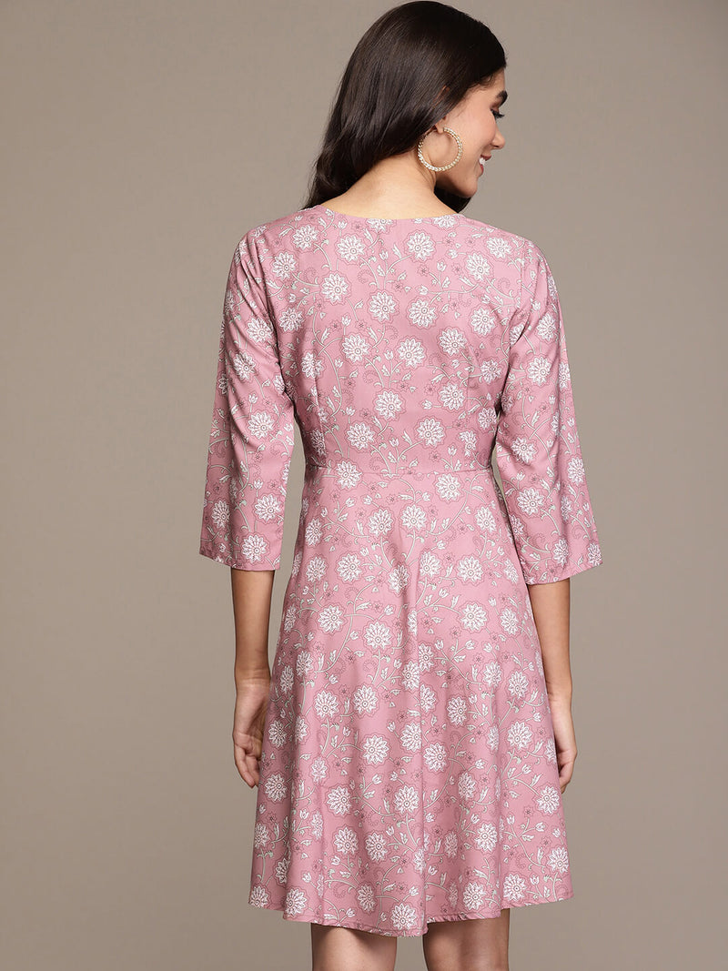 Women Pink Crepe Fit And Flare Dress