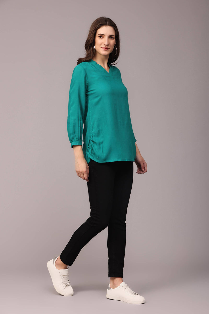 Rama Green Short Top With Long Frilled Sleeve