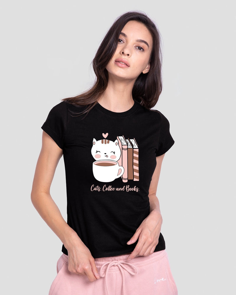 Women Cats,coffee and Books Half Sleeve T-shirt