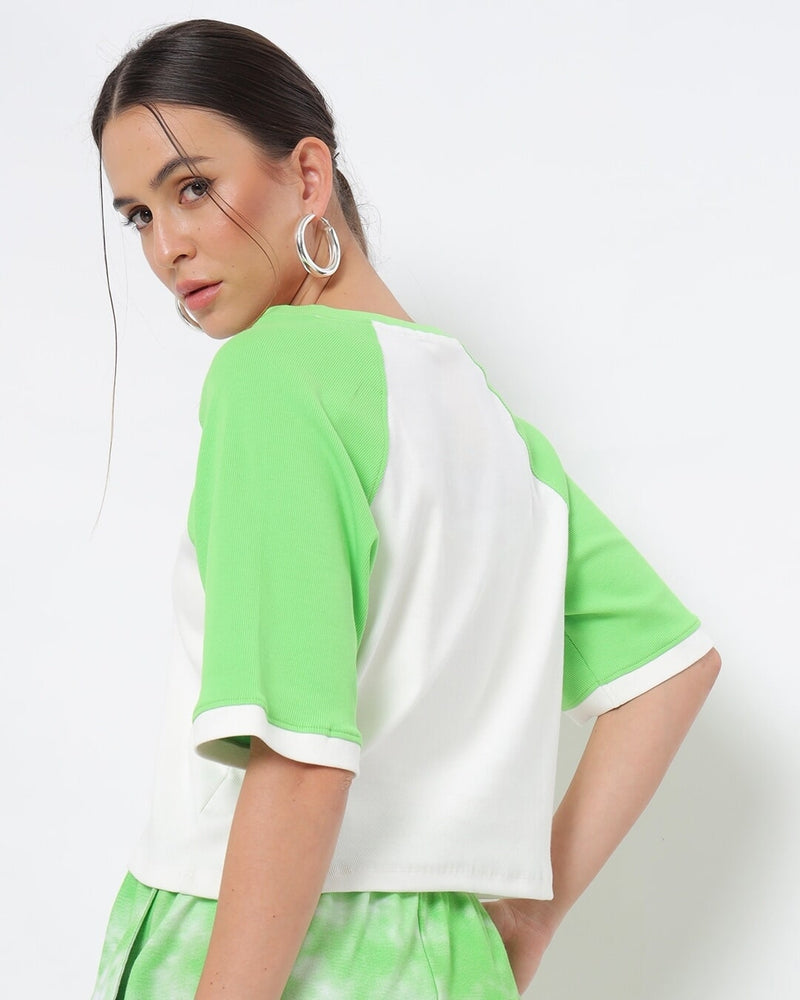 Women Chilled Out Green Color Block Short Top