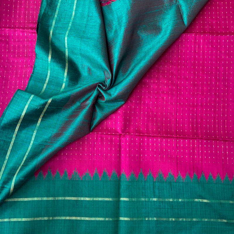 Pink With Green Handloom Pure Raw Silk Saree