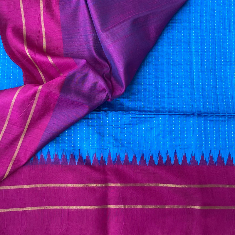 Blue With Magenta Handloom Pure Raw Silk Saree