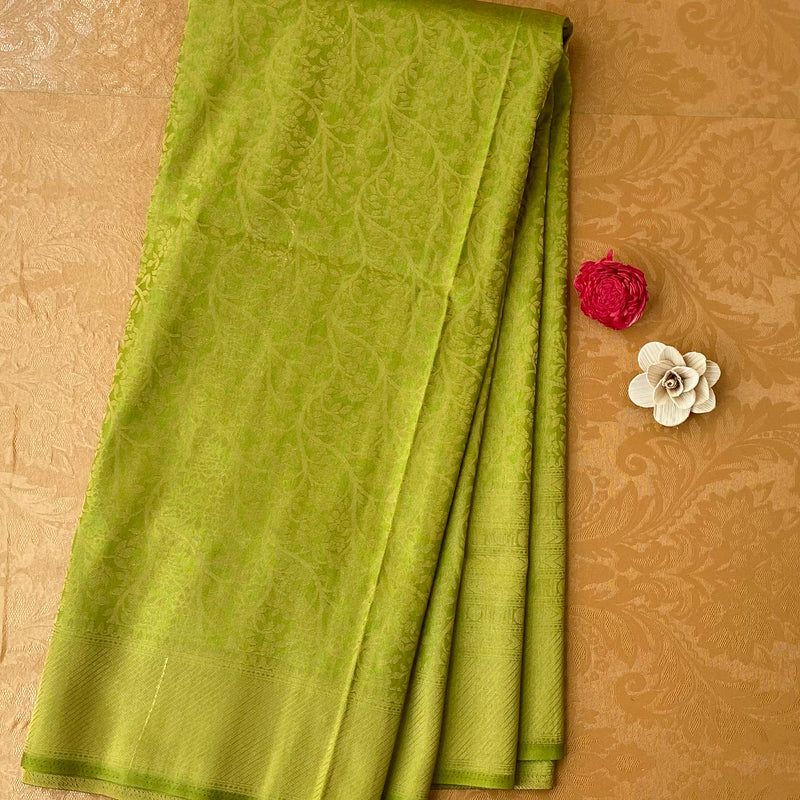 Lime Green Banarasi Blended Soft Silk With Leaf Zari Patterns