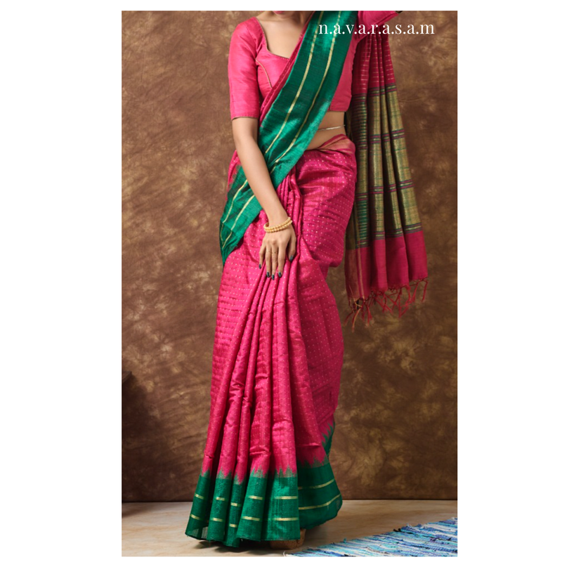 Rose Pink With Green Pure Raw Silk