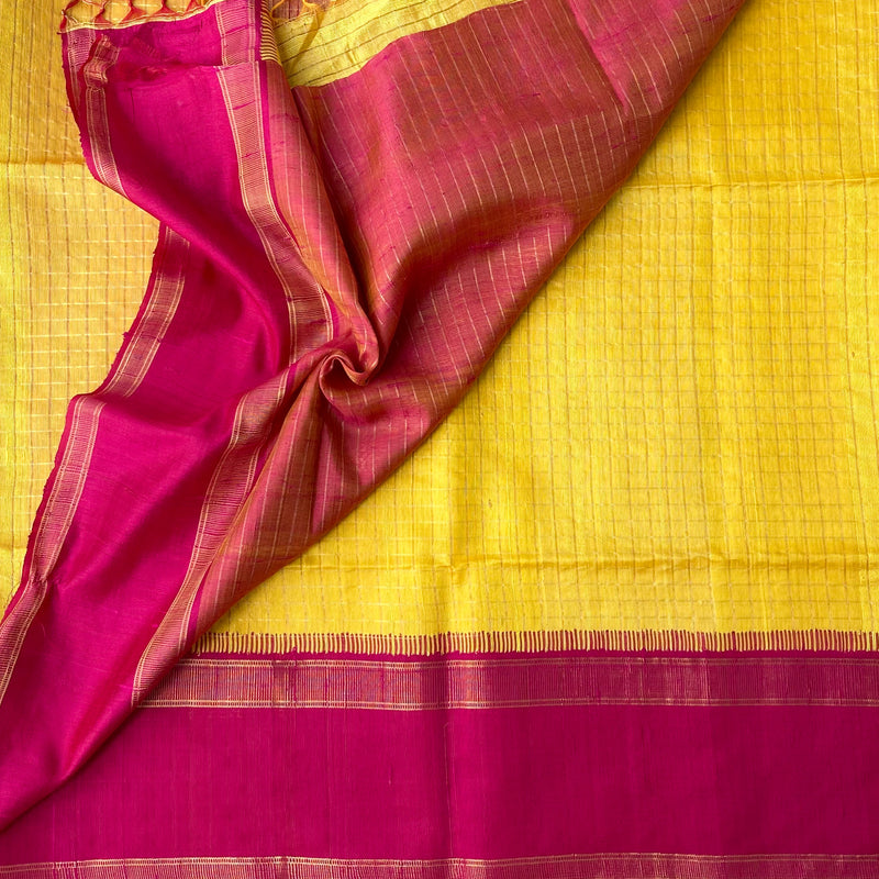 Yellow With Magenta Handloom Pure Raw Silk Saree