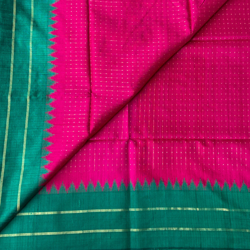 Pink With Green Handloom Pure Raw Silk Saree