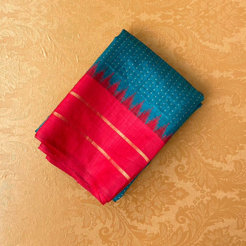 Teal Blue With Red Handloom Pure Raw Silk Saree