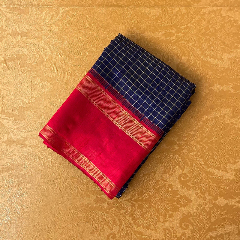 Blue With Red Handloom Pure Raw Silk Saree