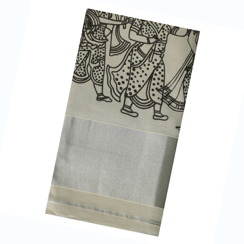 Printed Silver Kasavu Saree