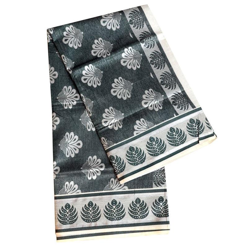 Silver Dark Green Tissue Kerala Saree