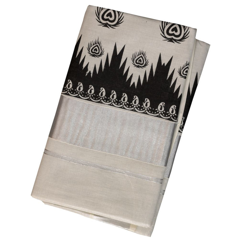 Printed Silver Kasavu Saree