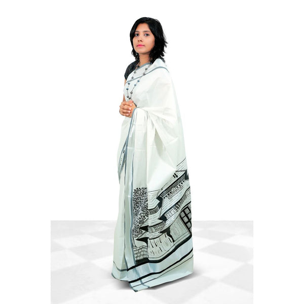 Amodha Offwhite Tissue Saree with Silver Thick Lines Going Through Body |  Handloom fashion, Elegant saree, Saree