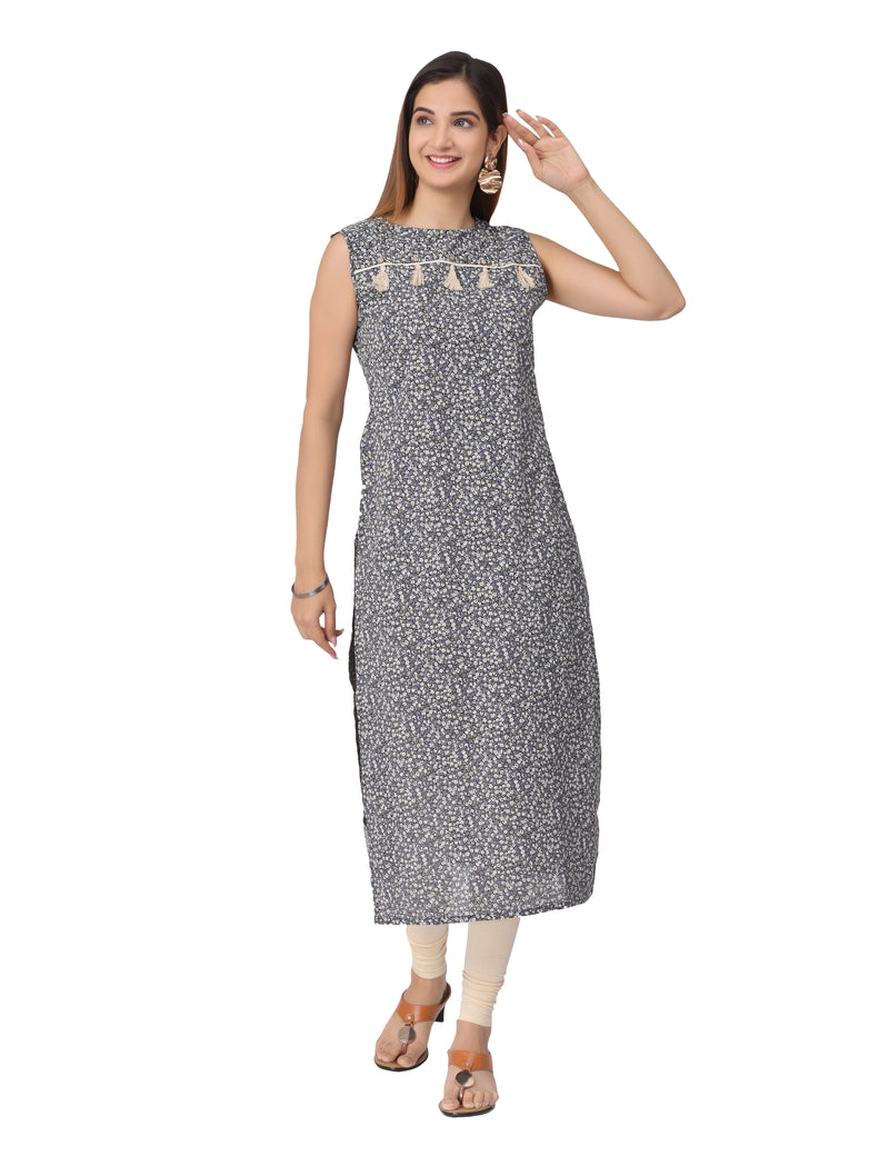 Dark Grey Small Floral Printed Straight Cut Kurti With Coconut Buttons & Tassels At Yoke