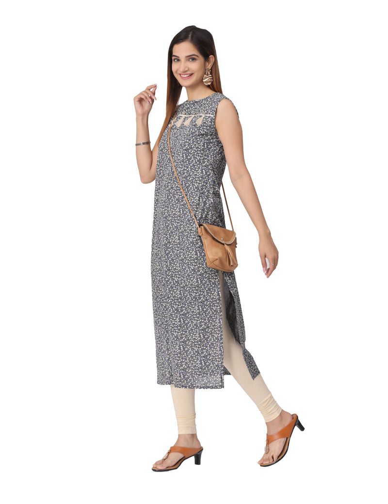 Dark Grey Small Floral Printed Straight Cut Kurti With Coconut Buttons & Tassels At Yoke