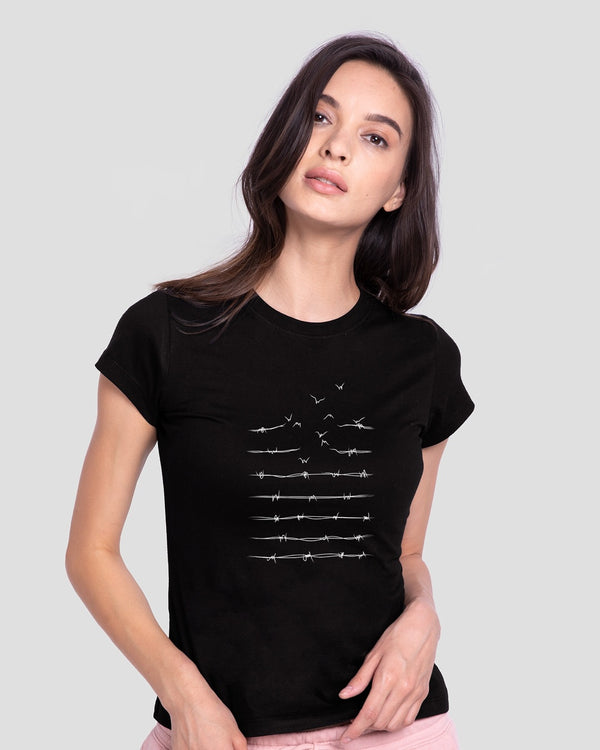 Women Flying Wire Half Sleeve Printed T-shirt Black