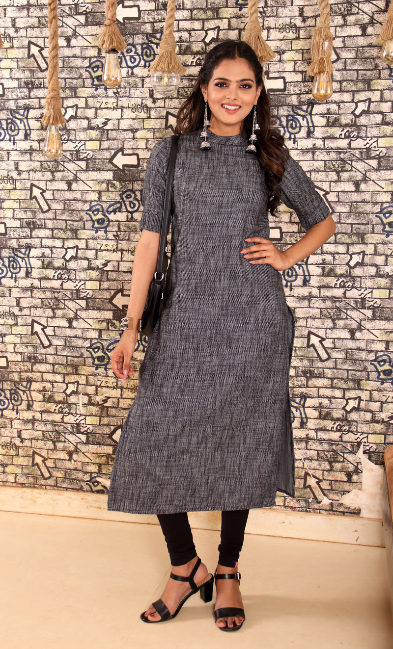 Grey Black Checked Ankle Length Straight Kurta With High Neck Band
