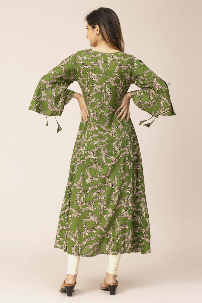 Bottle Green Printed Long Kurti With Front Double Slit