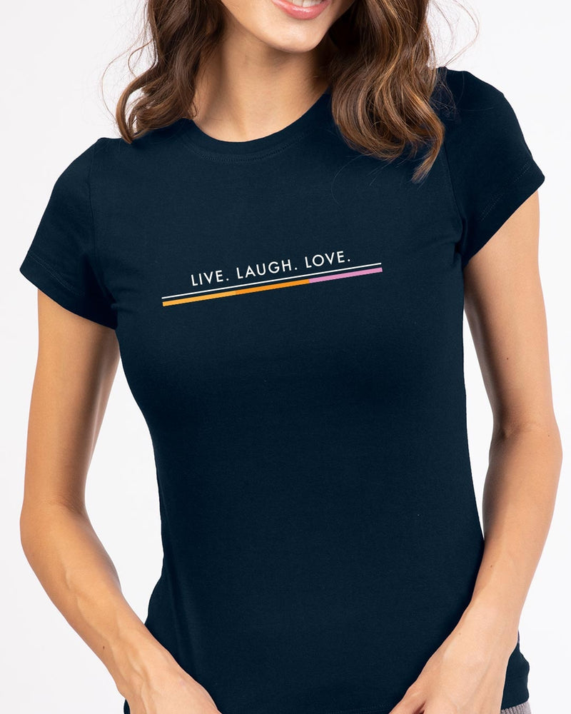 Women Navy Blue Live Love Strip Half Sleeve Printed T-shirt