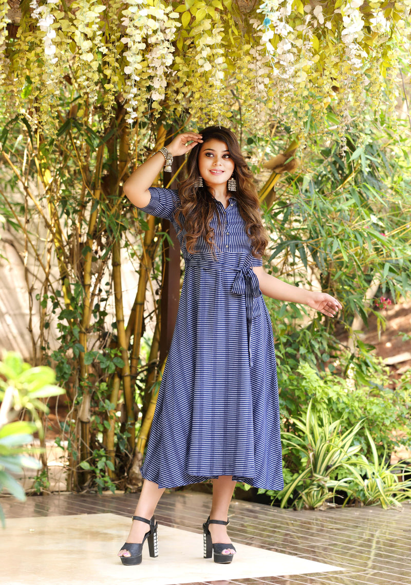 Navy Striped Long Kurta With Collared Front Placket
