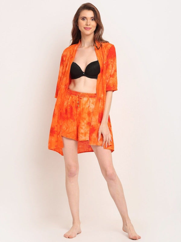 Orange Tie-dye Robe & Shorts Set