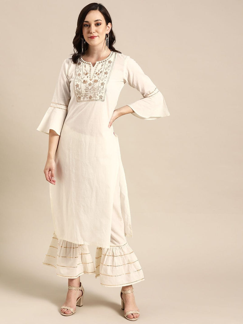 Off-White Embroidered Kurta With Palazzos